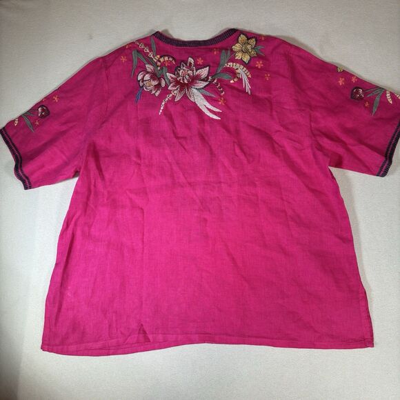 JOHNNY WAS Jessica Easy V Neck Top Pink Embroidered Size XL Short Sleeve Linen - Picture 6 of 12